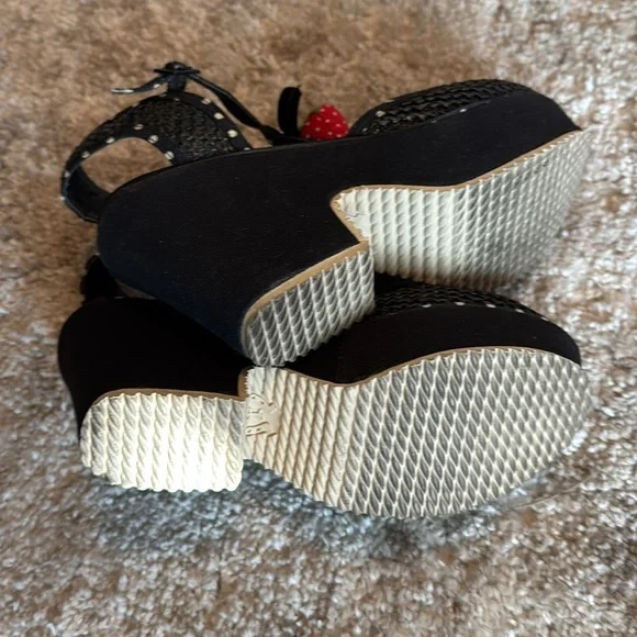 Black Polka Dot Wedge Sandals with Strawberry Accent - Picture 7 of 9